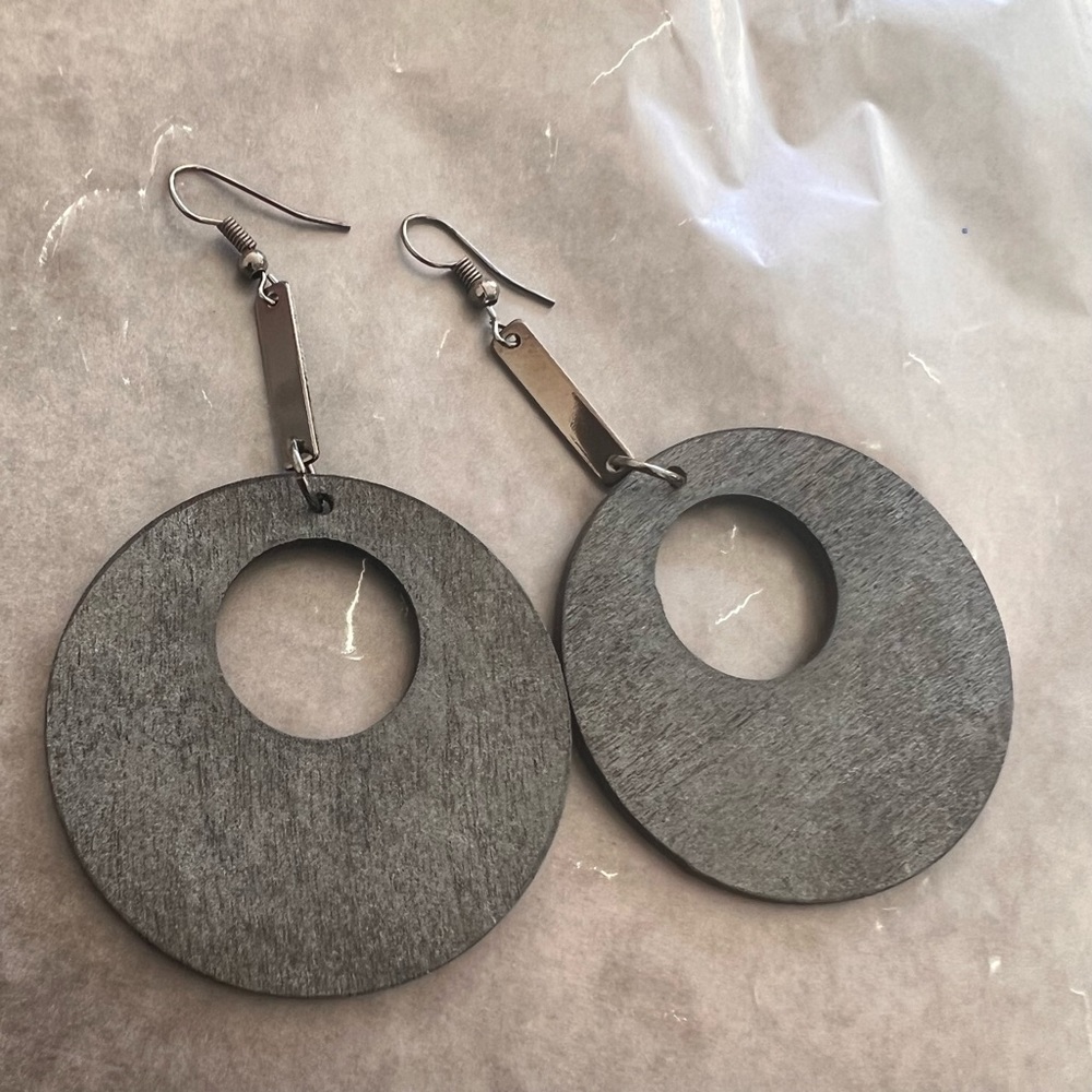 Black Wood Circle Cut-Out Dangle Earrings Handmade